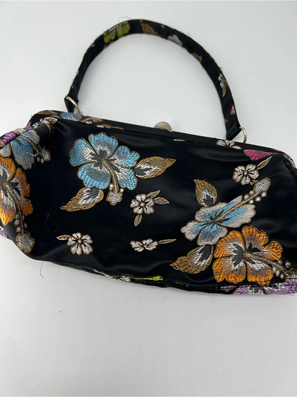 Floral Satin Top-Handle Clutch Bag – Black with Multicolor Flowers